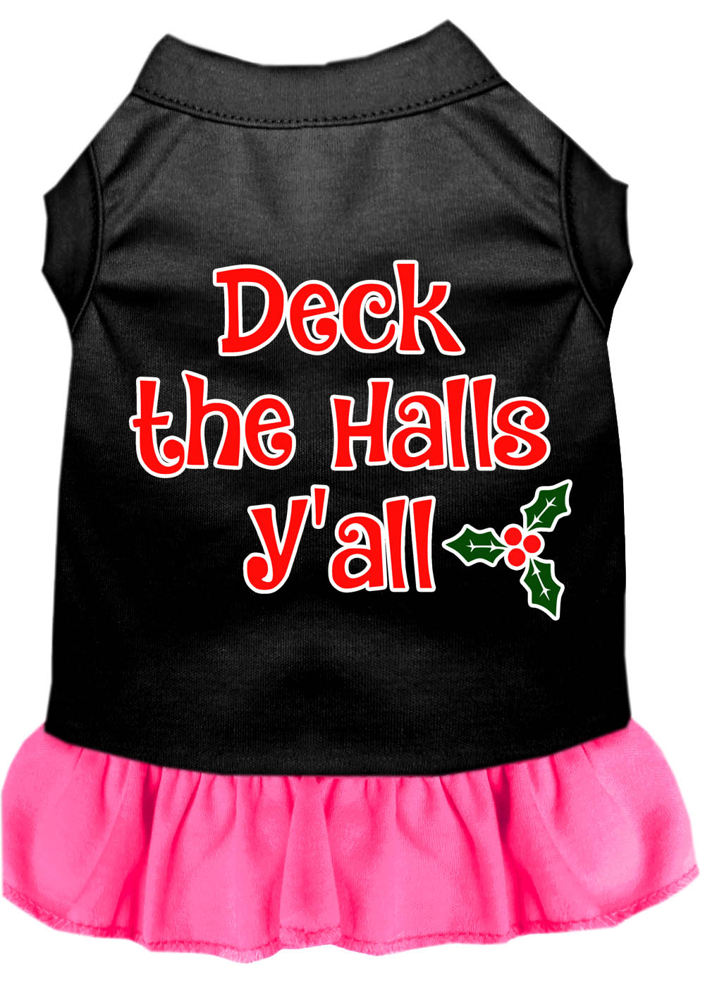 Deck the Halls Y'all Screen Print Dog Dress Black with Bright Pink XL